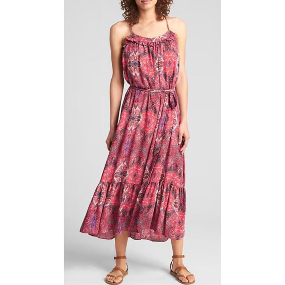 NWT GAP Tiered Ruffle Print Cami Maxi Dress Pink Paisley Print Boho Flowy Sz XL